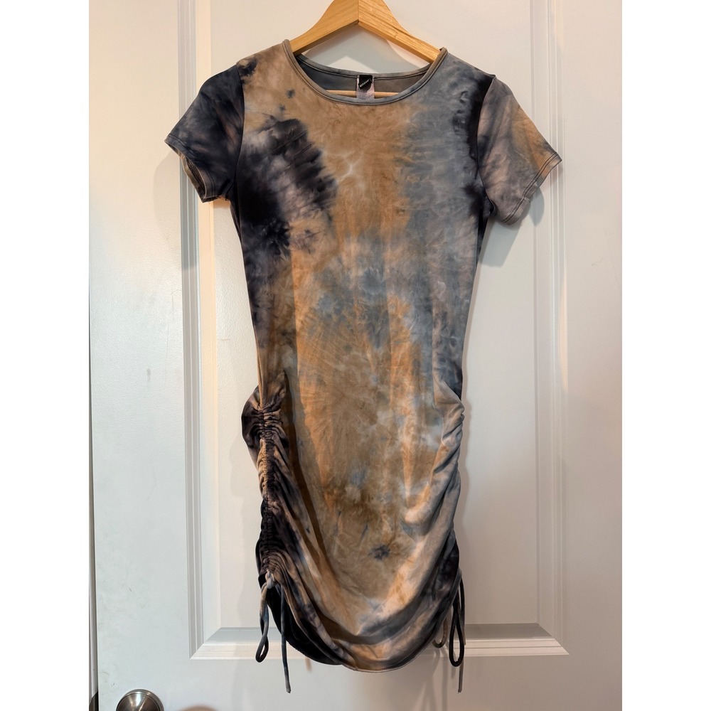 Windsor Tie Dye Ruched Side Drawstring Bodycon Mini Dress Blue Tan Small Y2K